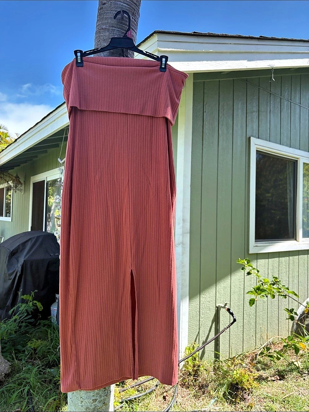 Ribbed Off-Shoulder Maxi Dress in rust